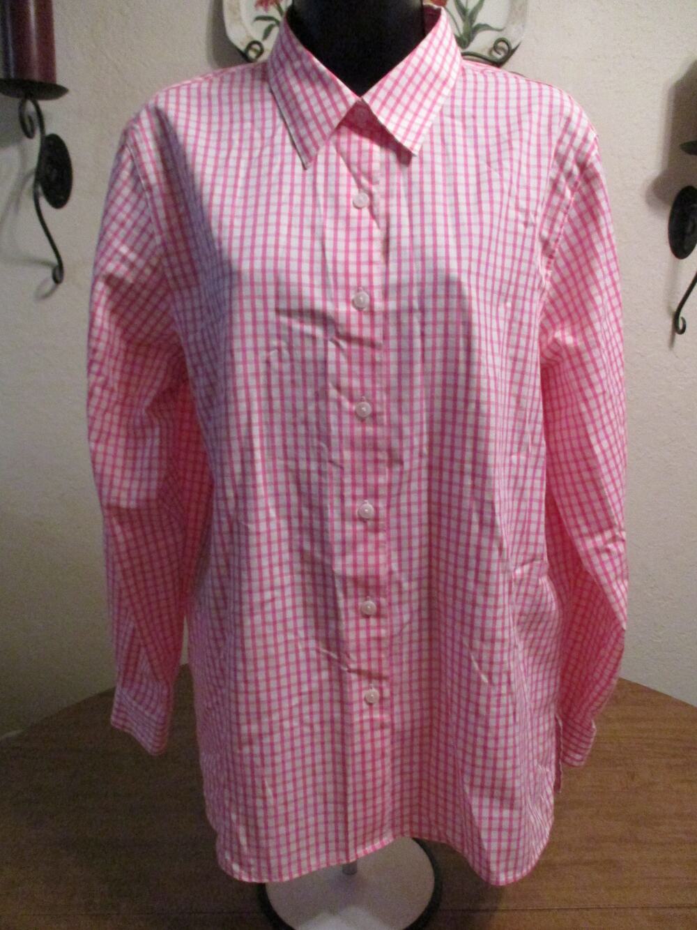 FOXCROFT PINK WHITE GINGHAM LONG SLEEVE BUTTON UP BLOUSE 12
